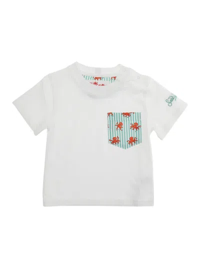 Mc2 Saint Barth Kids Mini Boy Cotton T-shirt With Striped Front Print In White