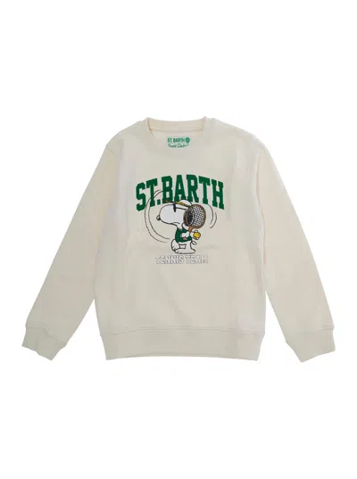 Mc2 Saint Barth Kids Mini Crewneck Sweatshirt With Snoopy Tennis In Tech Jersey In Neutral