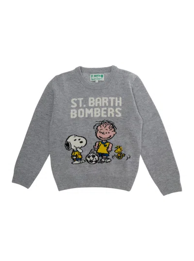 Mc2 Saint Barth Kids Mini Douglas Crewneck Jacquard Sweater With Snoopy Football Motif In Gray