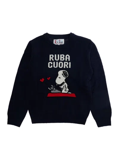 Mc2 Saint Barth Kids Mini Jacquard Crewneck Sweater With Snoopy Latin Motif In Blue