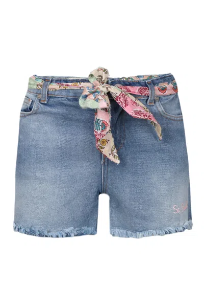 Mc2 Saint Barth Kids' Kiko Denim Jondal Patch Girls Shorts In Blue