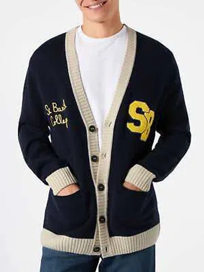 Pre-owned Mc2 Saint Barth Knitted Cardigan With Patch And St. Barth College Embroidery In Blue