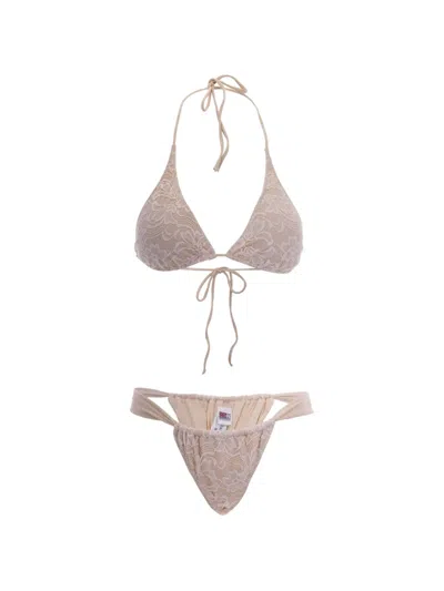 Mc2 Saint Barth Lace-overlay Triangle Bikini In Brown