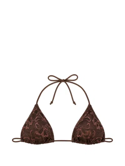 Mc2 Saint Barth Lace-overlay Triangle Bikini Top In Brown