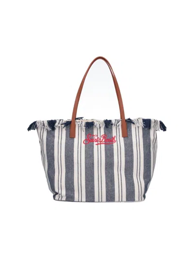 Mc2 Saint Barth Large City Striped Fringed Tote Bag In Gray