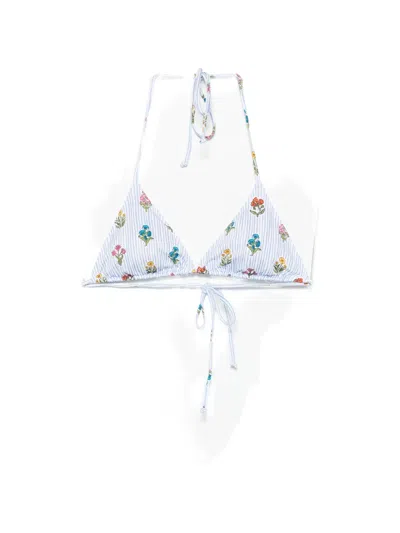 Mc2 Saint Barth Leah Floral-print Striped Bikini Top In White