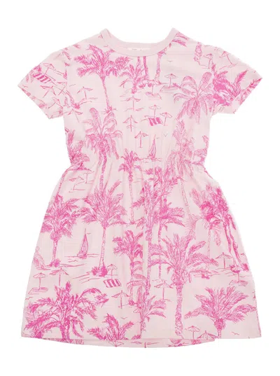 Mc2 Saint Barth Kids' Leila Pink Dress With All-over Palm Print In Cotton Baby
