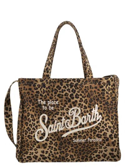Mc2 Saint Barth Leopard Print Canvas Tote Bag With Logo In Brown