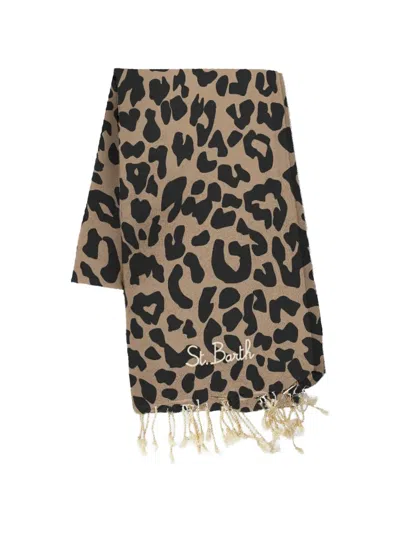 Mc2 Saint Barth Leopard Print Fringed Scarf In Brown