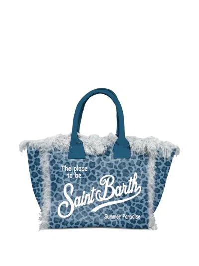 Mc2 Saint Barth Kids' Leopard-print Frayed-edge Tote Bag In Blue