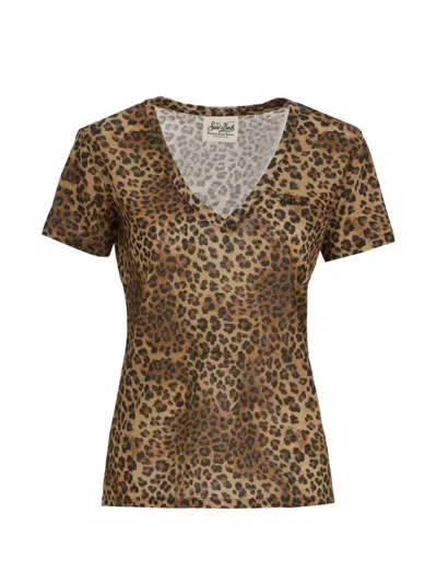 Mc2 Saint Barth Leopard-print V-neck T-shirt In Brown