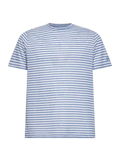 Mc2 Saint Barth Light Blue And Cream Striped Linen Blend Logo Embroidered Dover T-shirt