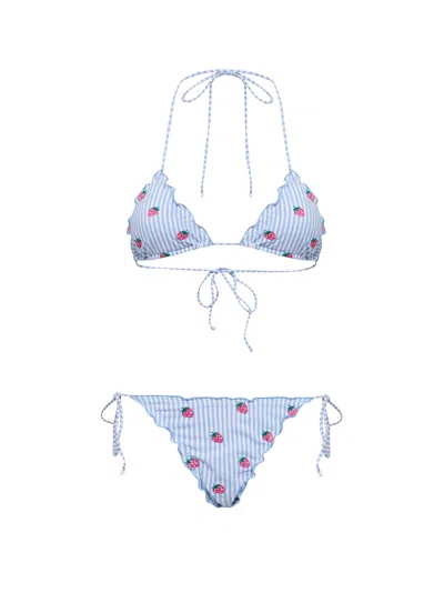 Mc2 Saint Barth Light Blue And White Striped Seersucker Sagitami Triangle Bikini With Strawberry Embroidery
