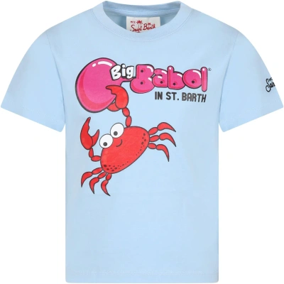 Mc2 Saint Barth Kids' Light Blue Cotton T-shirt For Boy With Crab And Logo In Lightblue,multi