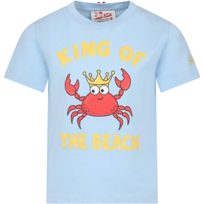 Mc2 Saint Barth Kids' Light Blue Cotton T-shirt For Boy With Crab And Writing