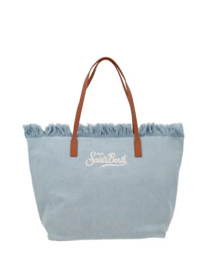 Mc2 Saint Barth Light Blue Denim Bohemian Frayed Tote Bag In White