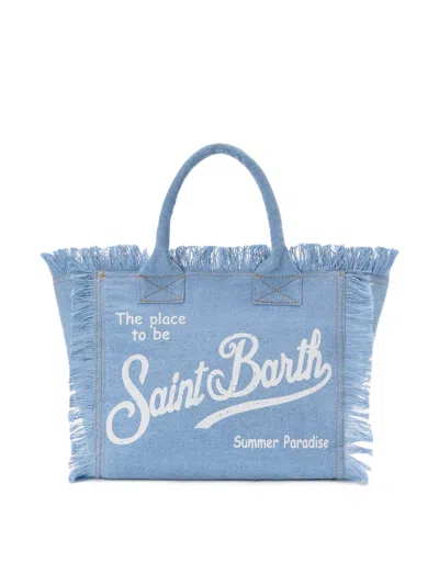Mc2 Saint Barth Light Blue Denim Tote Bag With Fringed Edges