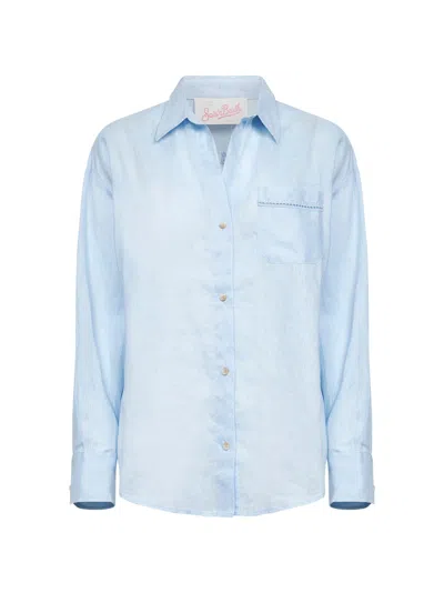 Mc2 Saint Barth Light Blue Linen Embroidered Crystal Shirt