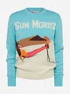 Mc2 Saint Barth Light Blue Sweater New Queen With Sun Moritz Postcard Jacquard In Green
