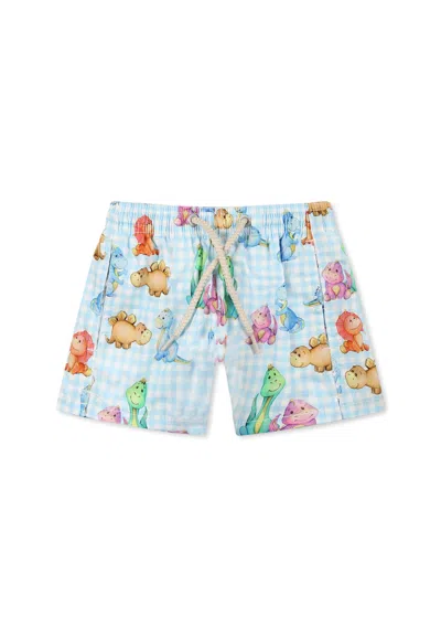 Mc2 Saint Barth Light Blue Swim Short For Baby Boy With Dinosaur Print