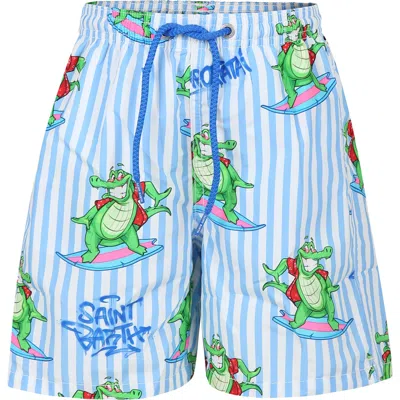 Mc2 Saint Barth Kids' Light Blue Swim Shorts For Boy With Crocodile Print