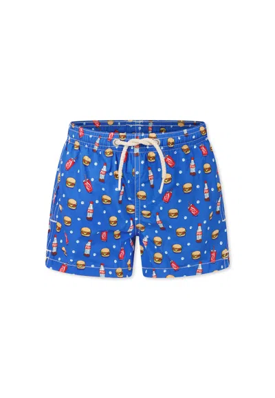 Mc2 Saint Barth Kids' Light Blue Swim Shorts For Boy With Hamburger And Cola Print