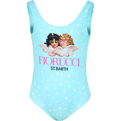 Mc2 Saint Barth Kids' Light Blue Swimsuit For Girl With Angels Print