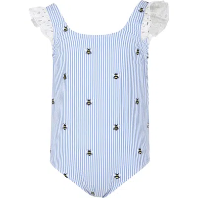 Mc2 Saint Barth Kids' Tilda 条纹印花连体泳衣 In Light Blue