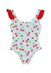Mc2 Saint Barth Light Blue Swimsuit For Girl With Cherries In Blue