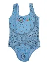 Mc2 Saint Barth Light Blue Swimsuit With Embroidered Logo On The Front And All-over Bandana Print In Tech Fabric Gir In Light Blue