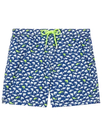 Mc2 Saint Barth Lighting Micro Swim Shorts With All-over Shark Print In Blue
