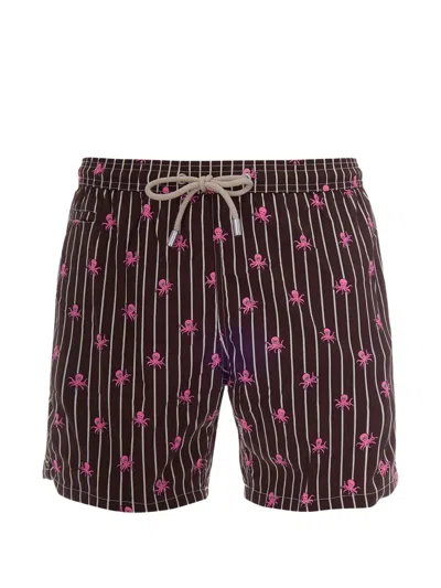 Mc2 Saint Barth Lighting Octopus-print Striped Swim Shorts In Brown