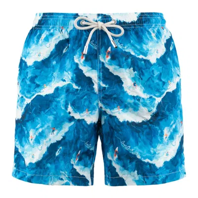 Mc2 Saint Barth Lighting Swimsuit In Lightweight Fabric With Surfers Wave In Blue