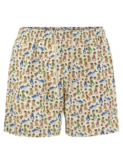 Mc2 Saint Barth Lightweight Fabric Swim Boxer Shorts With Print In Cream