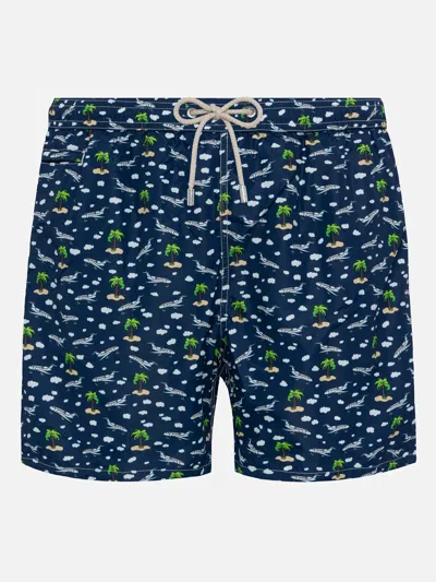 Mc2 Saint Barth Lightweight Fabric Swim Shorts Lighting With Palms And Planes Print In Blue Navy