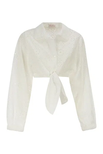 Mc2 Saint Barth Linen And Cotton Broderie Anglaise Cropped Shirt With Front Tie In White