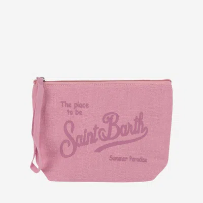 Mc2 Saint Barth Linen Clutch Bag With Logo In Pink