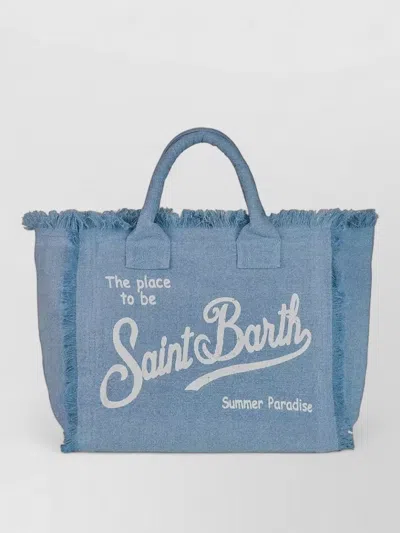 Mc2 Saint Barth Linen Colette Beach Bag Fringed Handles In Blue