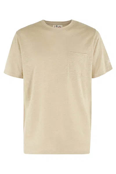 Mc2 Saint Barth Linen T Shirt With Front Pocket In Beige