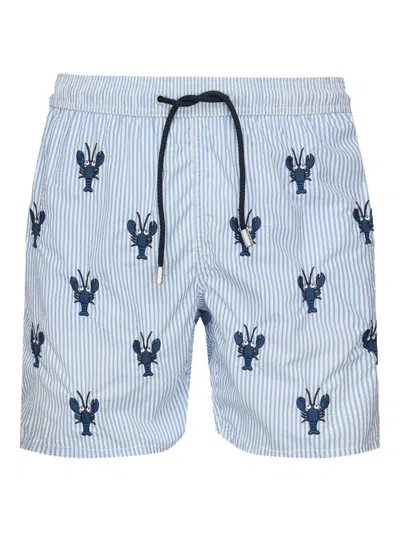 Mc2 Saint Barth Lobster-print Striped Swim Shorts In Blue