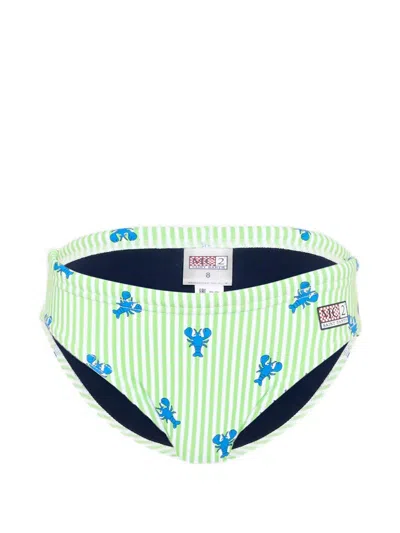 Mc2 Saint Barth Kids' Lobster-print Striped Swimming Briefs In Green