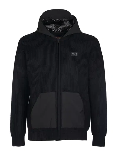 Mc2 Saint Barth Logo Patch Ribbed Zip Hoodie In Black
