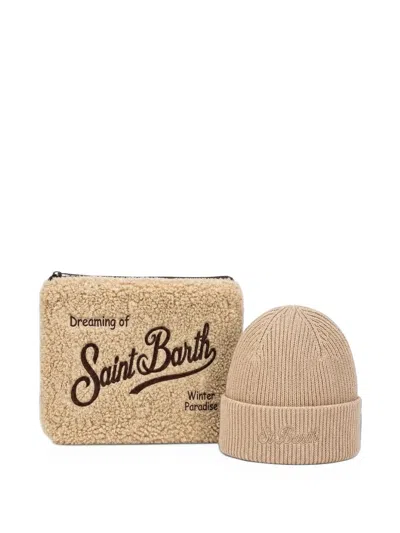 Mc2 Saint Barth Logo-embroidered Beanie Hat And Make-up Bag Set In Brown