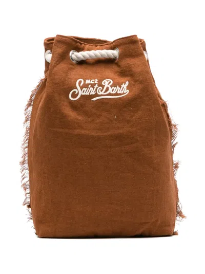 Mc2 Saint Barth Logo-embroidered Frayed Backpack In Brown