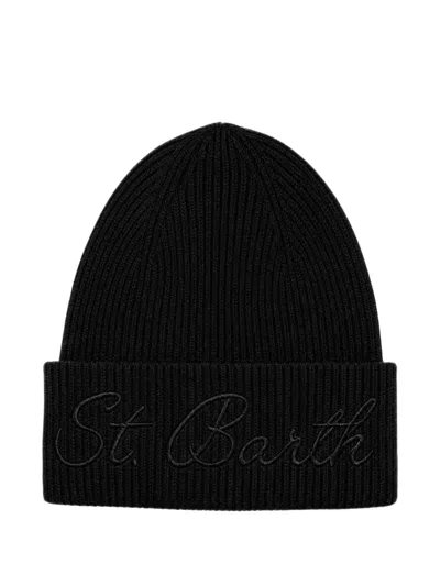 Mc2 Saint Barth Logo-embroidered Ribbed Beanie Hat In Black