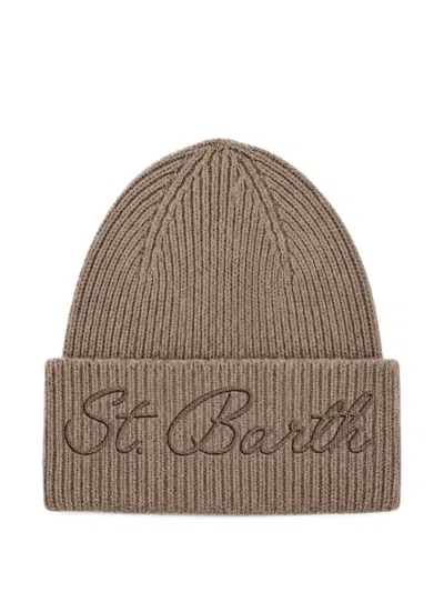 Mc2 Saint Barth Logo-embroidered Ribbed-knit Beanie Hat In Brown
