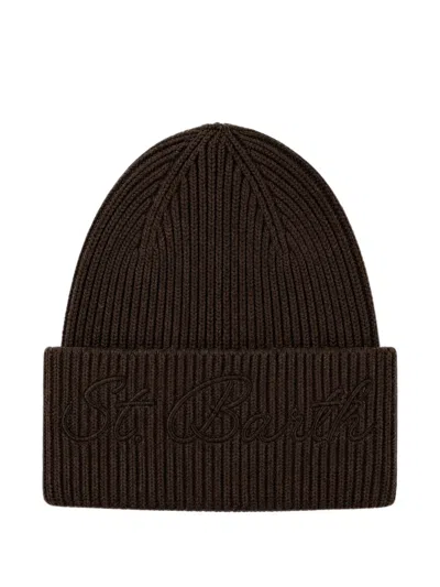 Mc2 Saint Barth Logo-embroidered Ribbed-knit Beanie Hat In Brown