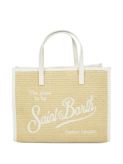 Mc2 Saint Barth Midi Straw Tote Bag With Contrasting Leather Accents In Neutral
