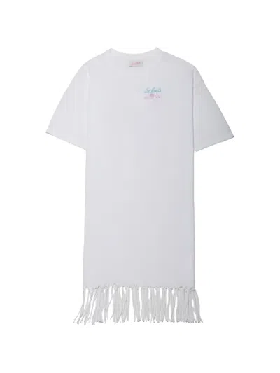Mc2 Saint Barth Logo-print Fringed Mini Dress In White