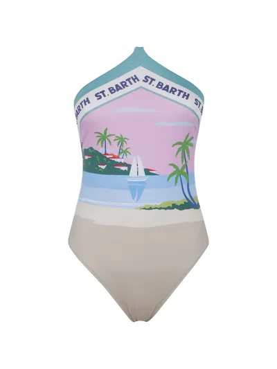 Mc2 Saint Barth Logo-print Halterneck Swimsuit In Blue